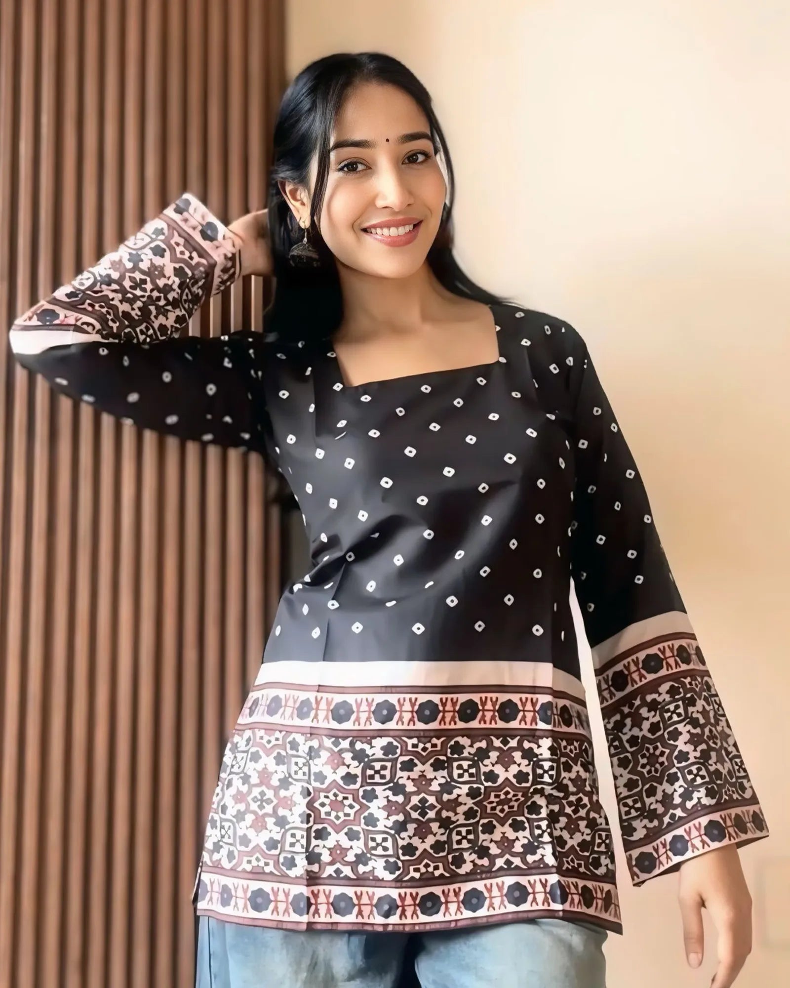 Black Classic Border Print Designer Kurti