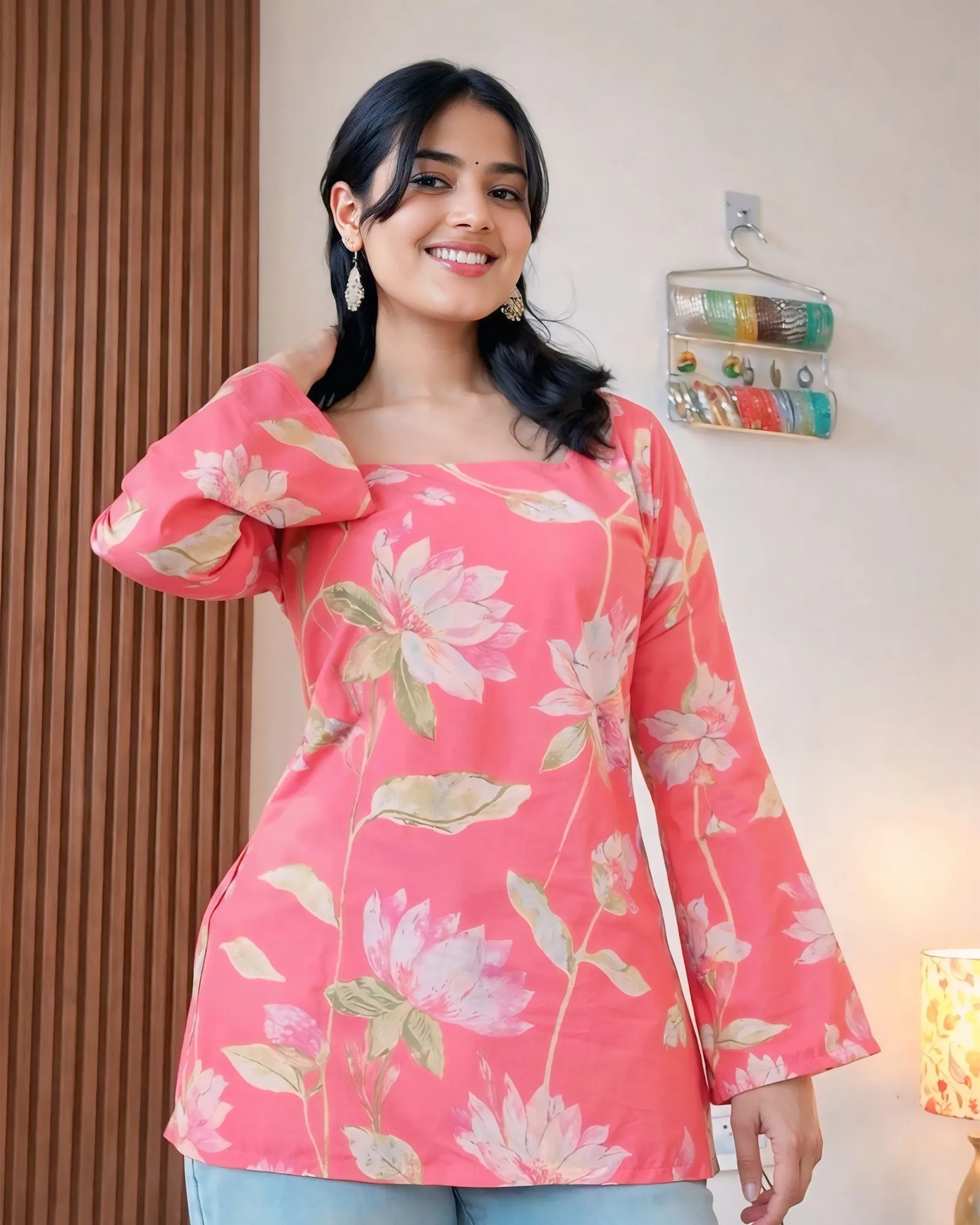 Coral Petal Floral Kurti Top