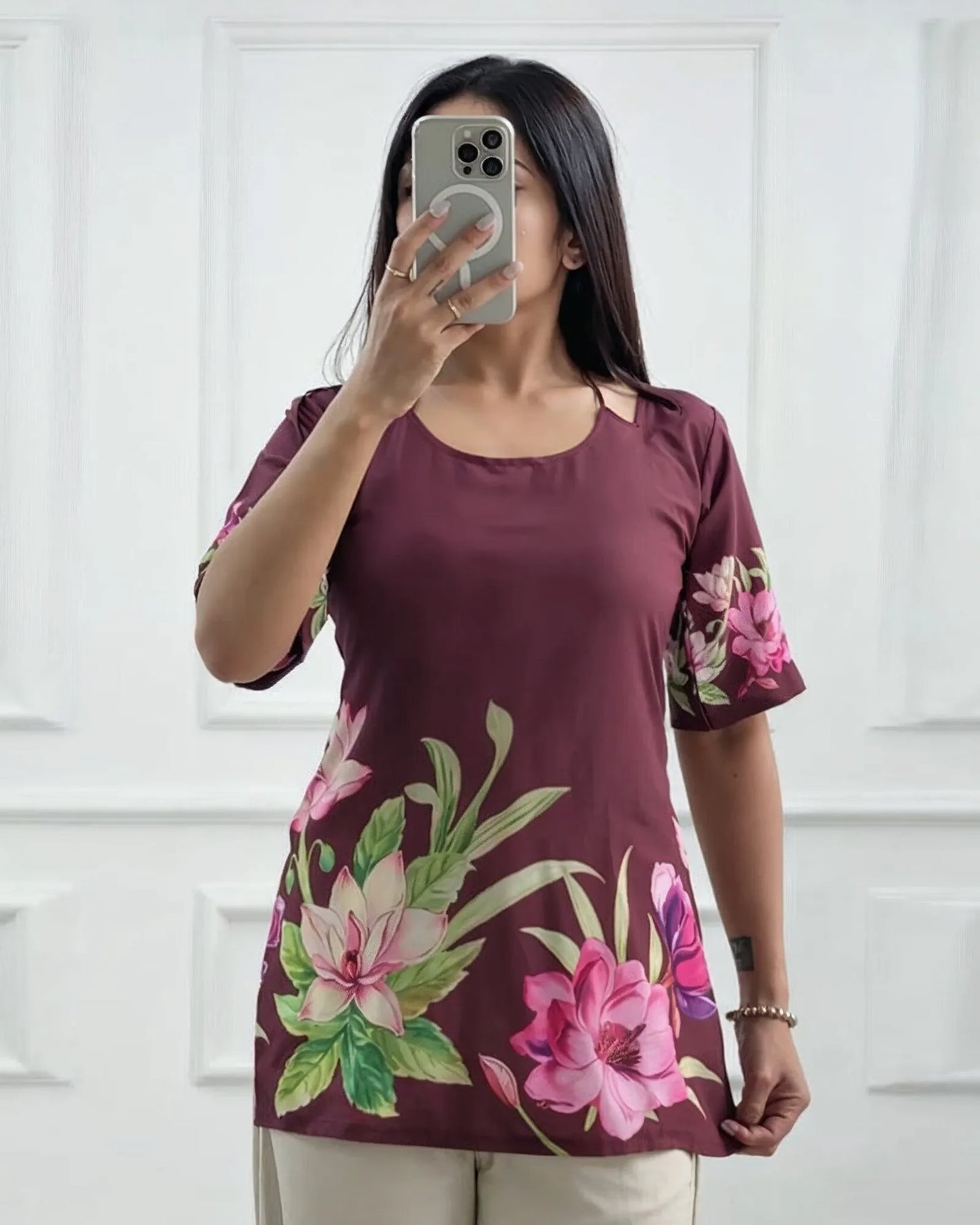 Deep Wine Floral Chic Kurti Top