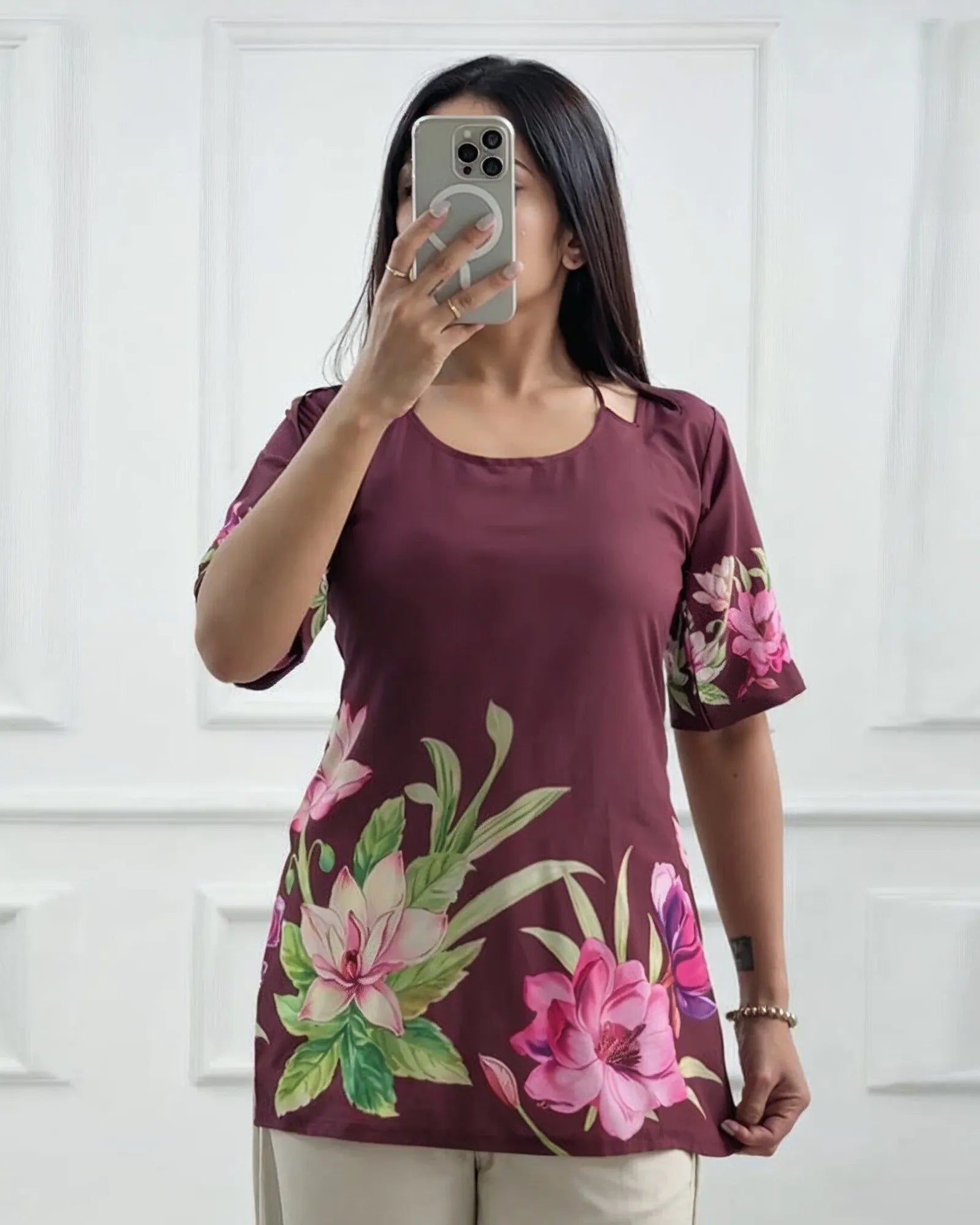 Deep Wine Floral Chic Kurti Top