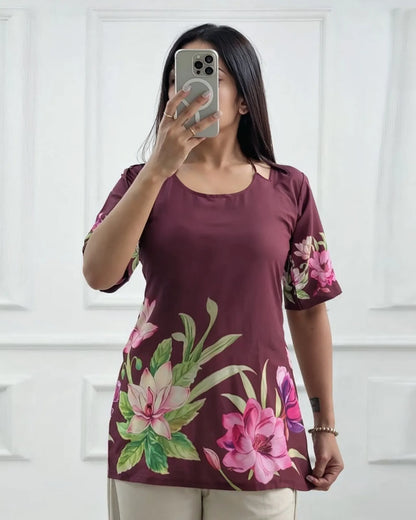 Deep Wine Floral Chic Kurti Top