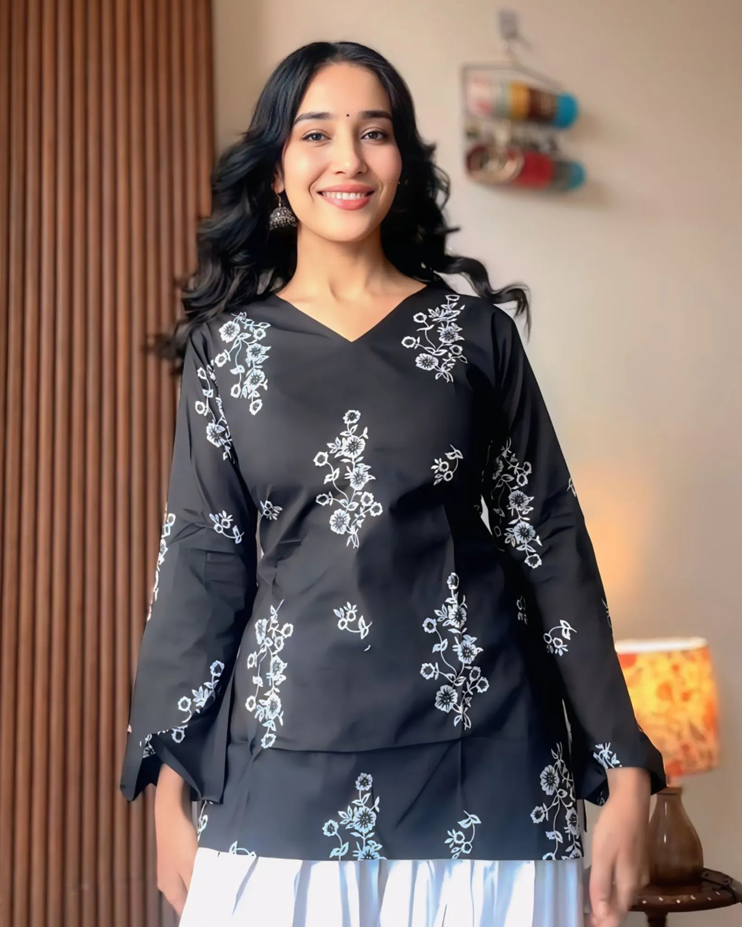 Classic Black & White Floral Kurti Top