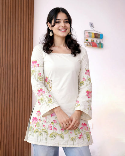 Cream Floral Printed Short Kurti