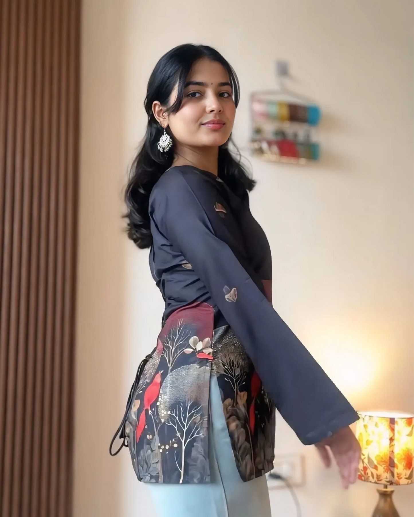 Luxury Black Botanical Bird Print Kurti