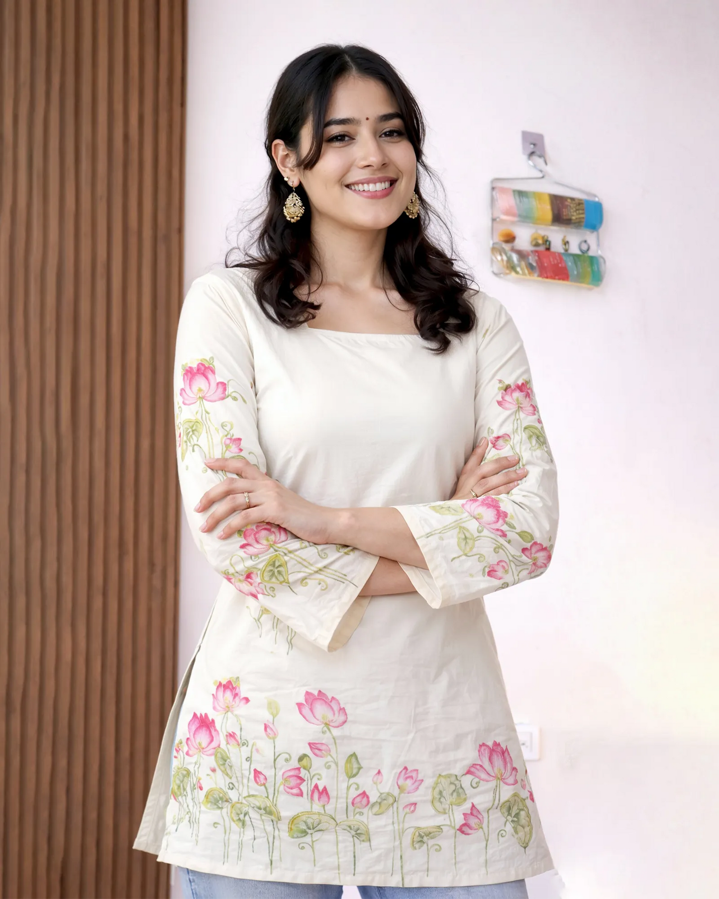 Cream Floral Printed Short Kurti