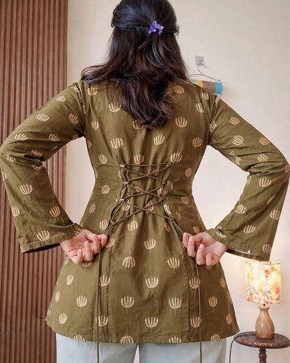 Earthy Olive Motif Elegant Kurti Top